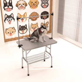 36" Folding Dog Pet Grooming Table Stainless Steel Frame Rubber Mat on Board with Adjustable Arm and Clamps pet dog Cat Grooming Table (SILVER-GRAY CO (Color: Silver grey)