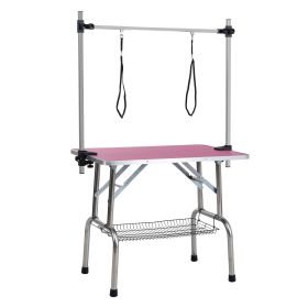 36" Folding Dog Pet Grooming Table Stainless Steel Frame Rubber Mat on Board with Adjustable Arm and Clamps pet dog Cat Grooming Table (PINK COLOR) (Color: pink)