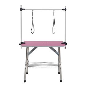 46" Folding Dog Pet Grooming Table Stainless Steel Frame Rubber Mat on Board with Adjustable Arm and Clamps pet dog Cat Grooming Table (PINK COLOR) (Color: pink)